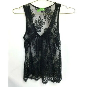 Vintage Express Womens Black Lace Sleeveless Pleated V Neck Sheer Tank Top Small